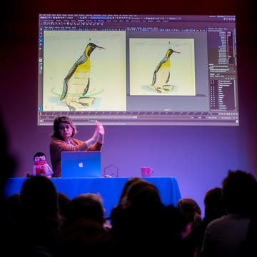 Sydney demonstrating how to animate a penguin before the audience’s eyes! Photo credit: Nathan Buckley.
